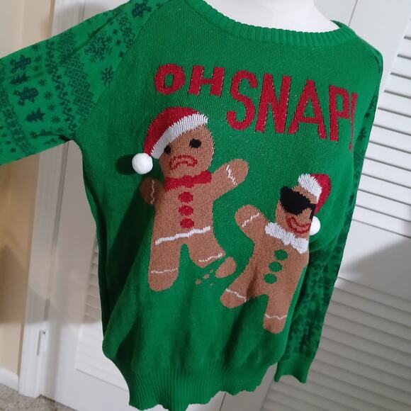Ugly Christmas Sweater Large Men's OH SNAP Gingerbread Men Green/Red Easy Care - Picture 3 of 11
